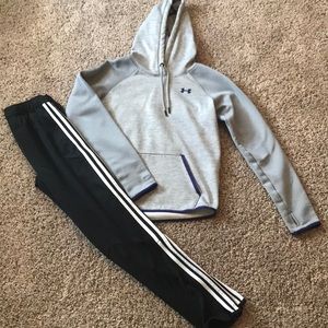 Under armor hoodie, and adidas joggers.